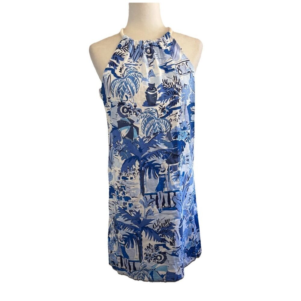 London Times Linen Blend Polish Preppy Nautical Dress Halter Neck Size 2